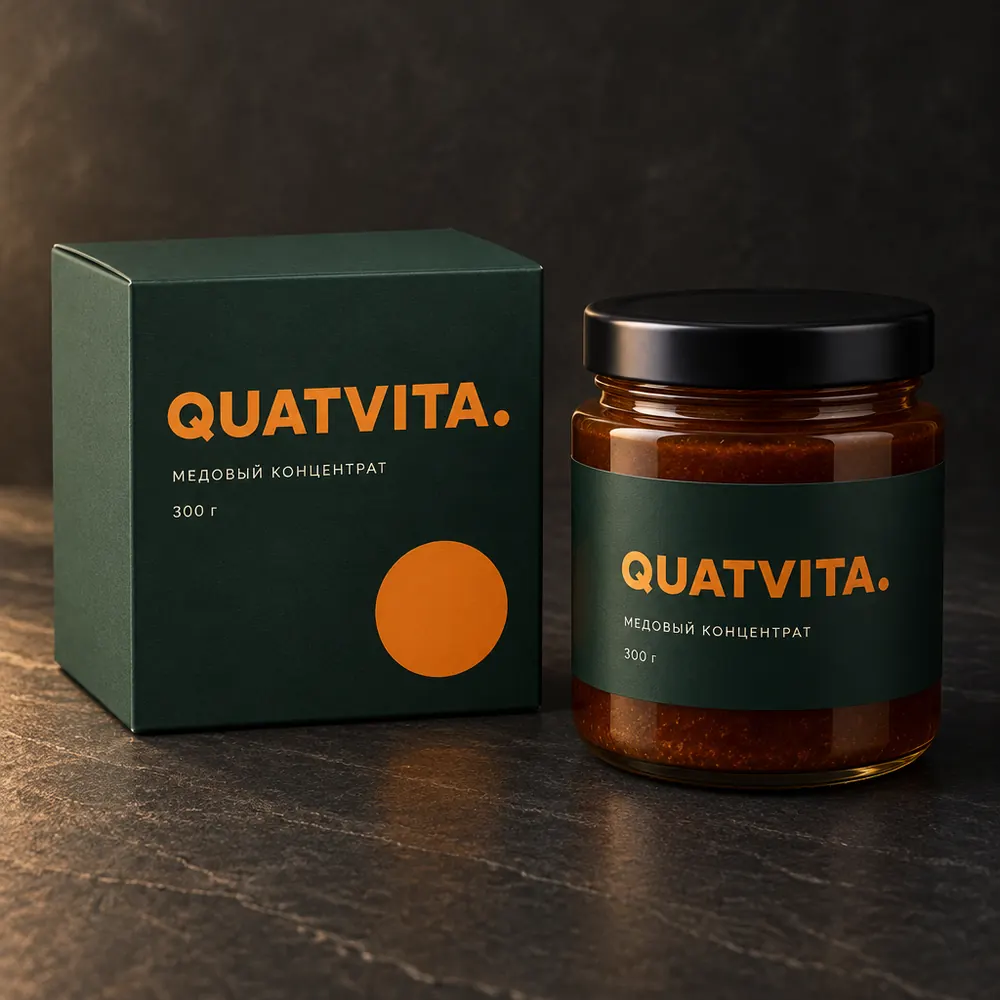 Коробка и банка QuatVita в тёмно-зелёной упаковке